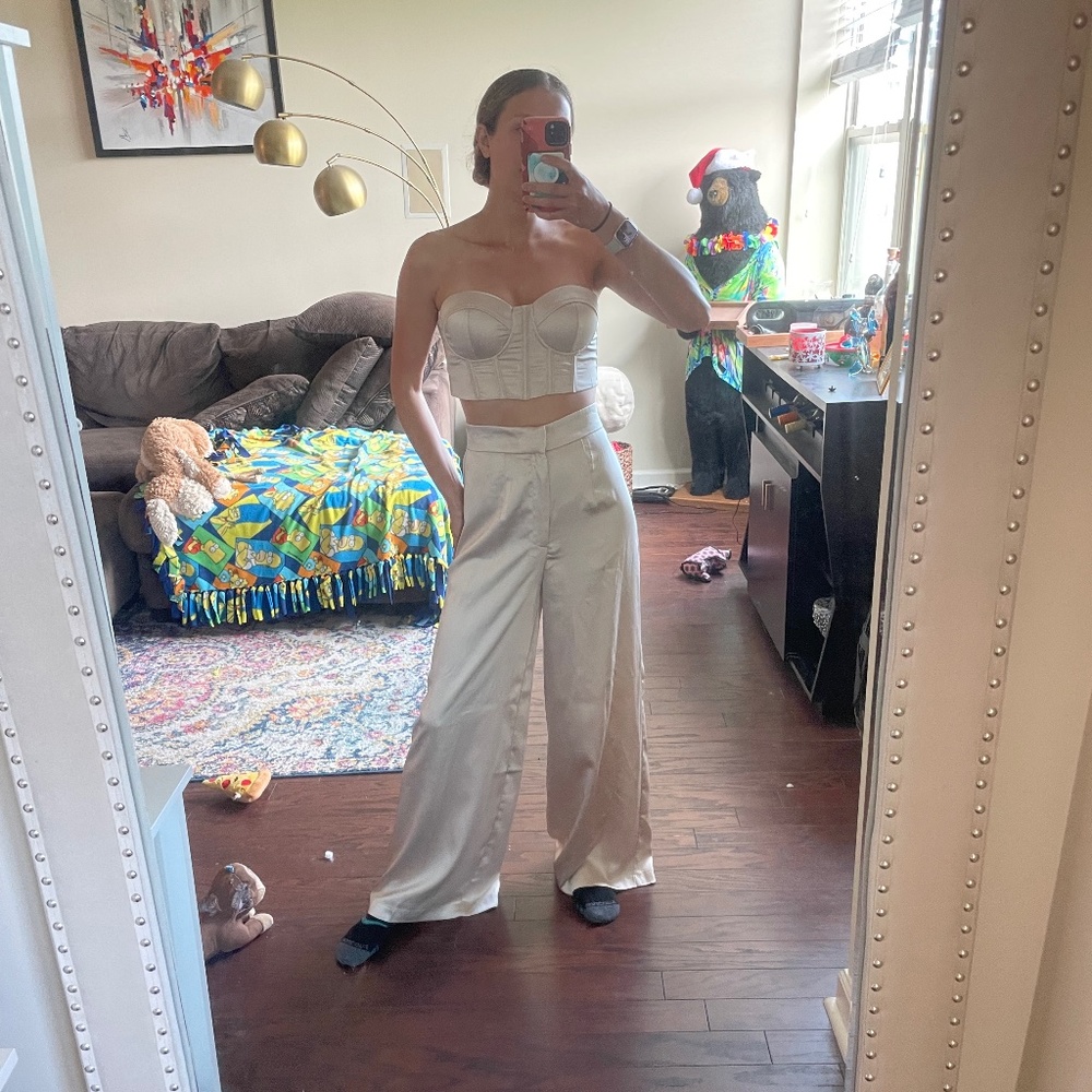 Meshki Champagne colored pant set with bustier top